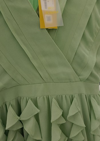 Yeşil Uzun Fırfırlı V Yaka Elbise - Görsel 15