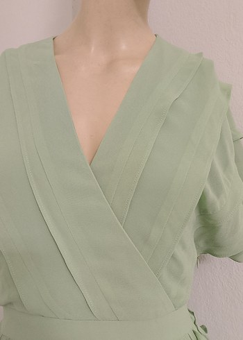 Yeşil Uzun Fırfırlı V Yaka Elbise - Görsel 5