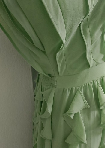 Yeşil Uzun Fırfırlı V Yaka Elbise - Görsel 6