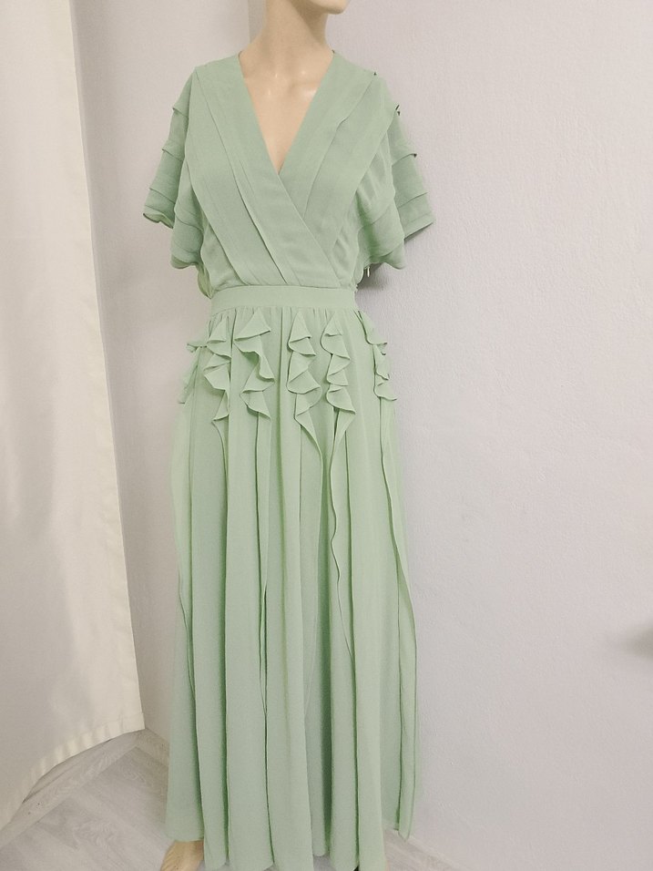 Yeşil Uzun Fırfırlı V Yaka Elbise - Görsel 3