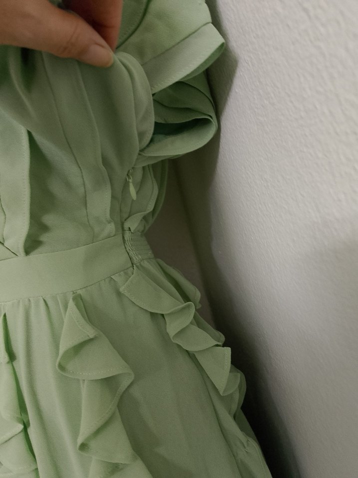 Yeşil Uzun Fırfırlı V Yaka Elbise - Görsel 4