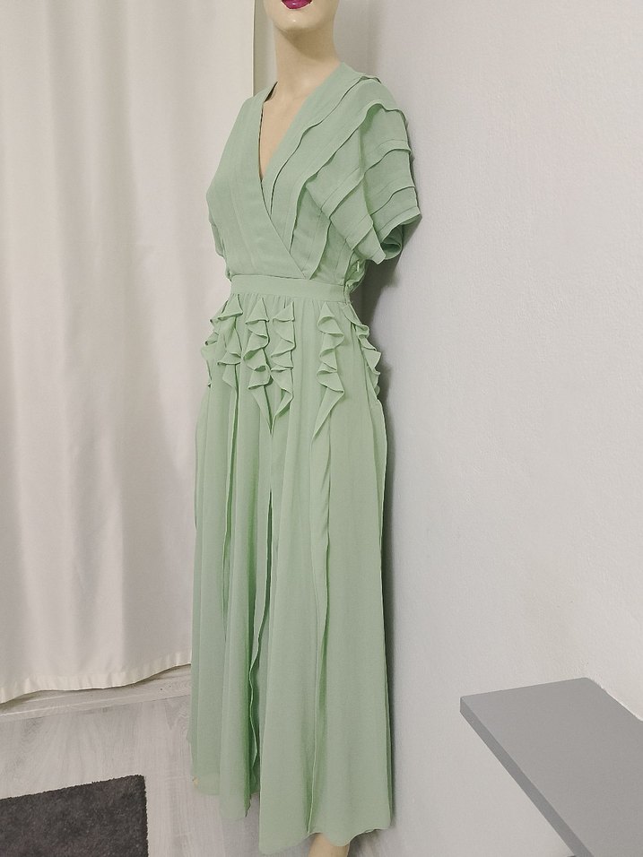 Yeşil Uzun Fırfırlı V Yaka Elbise - Görsel 2