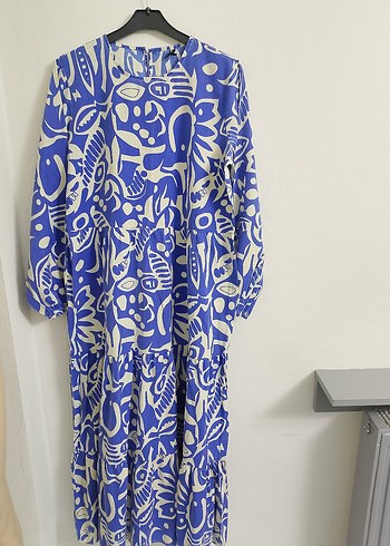 Uzun Kollu Mavi Desenli Kadın Elbise - Görsel 6