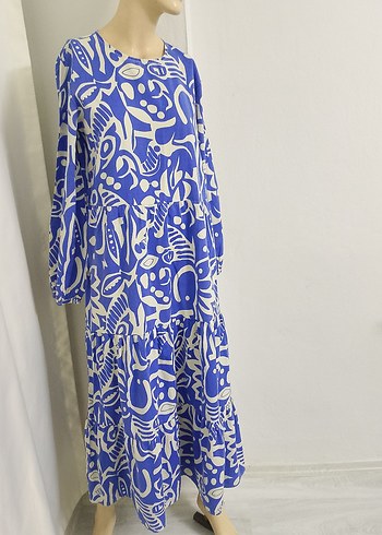 Uzun Kollu Mavi Desenli Kadın Elbise - Görsel 8