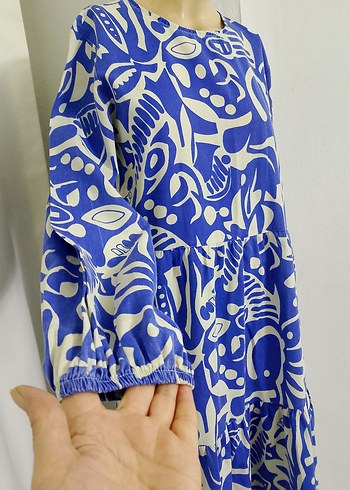 Uzun Kollu Mavi Desenli Kadın Elbise - Görsel 3