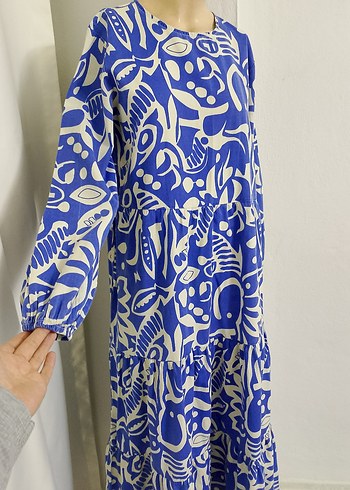 Uzun Kollu Mavi Desenli Kadın Elbise - Görsel 9