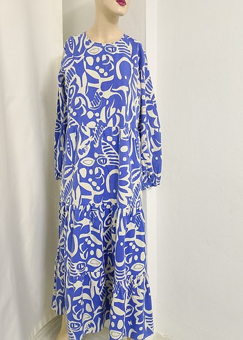 Uzun Kollu Mavi Desenli Kadın Elbise - Görsel 4