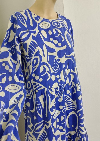 Uzun Kollu Mavi Desenli Kadın Elbise - Görsel 5