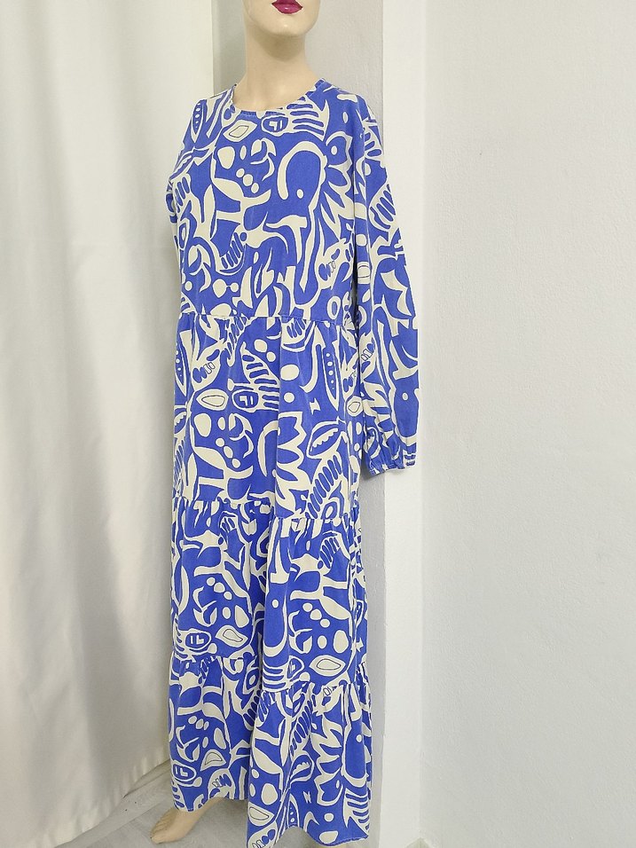 Uzun Kollu Mavi Desenli Kadın Elbise - Görsel 2