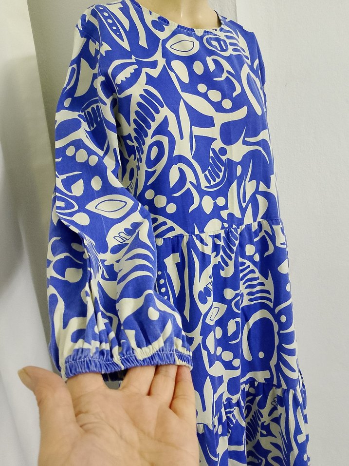 Uzun Kollu Mavi Desenli Kadın Elbise - Görsel 3