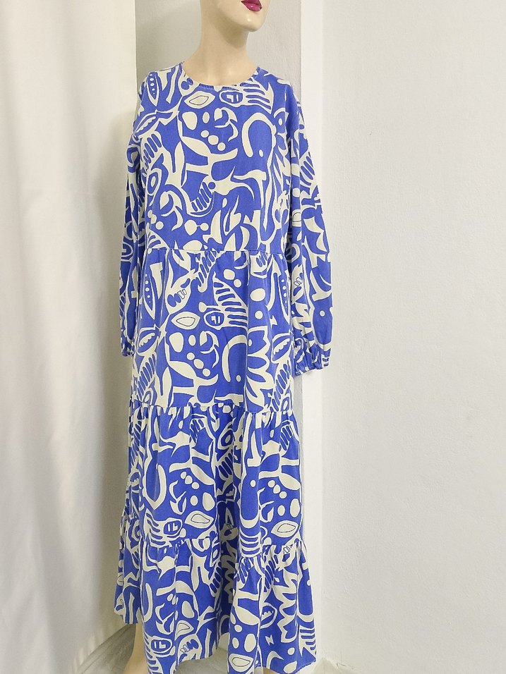 Uzun Kollu Mavi Desenli Kadın Elbise - Görsel 4