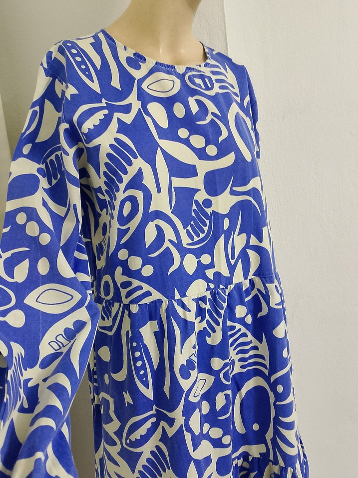 Uzun Kollu Mavi Desenli Kadın Elbise - Görsel 5