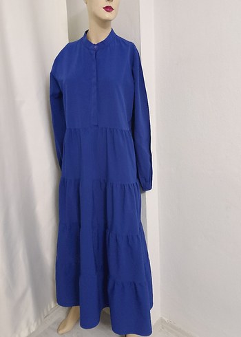 Uzun Mavi Fırfırlı Bohem Elbise - Görsel 2