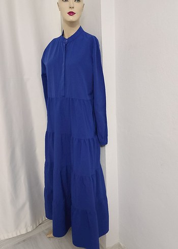 Uzun Mavi Fırfırlı Bohem Elbise - Görsel 3