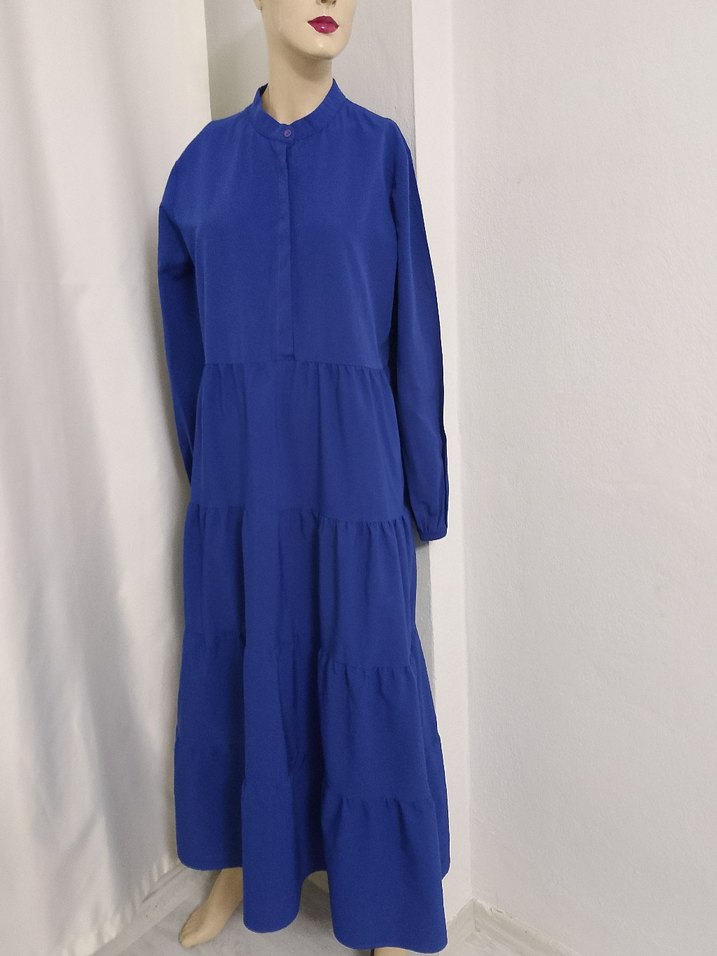 Uzun Mavi Fırfırlı Bohem Elbise - Görsel 2