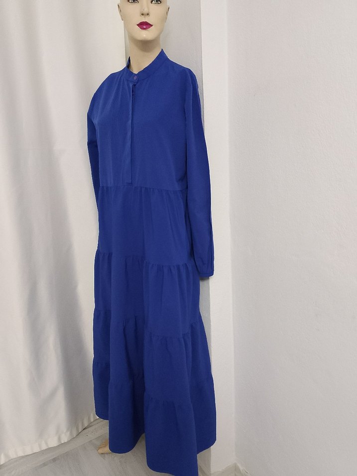 Uzun Mavi Fırfırlı Bohem Elbise - Görsel 3