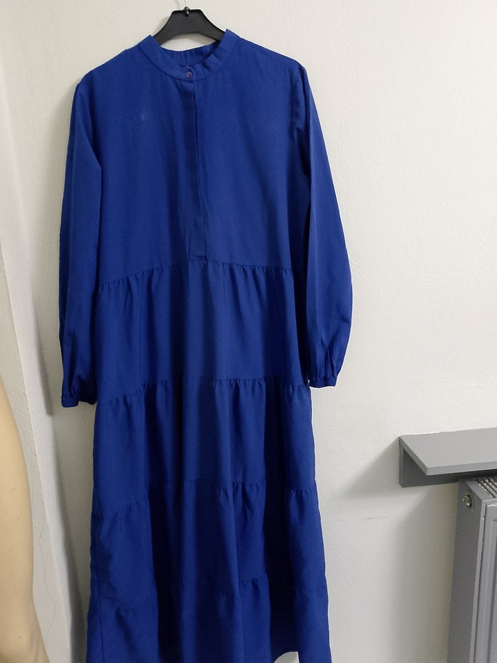 Uzun Mavi Fırfırlı Bohem Elbise - Görsel 5