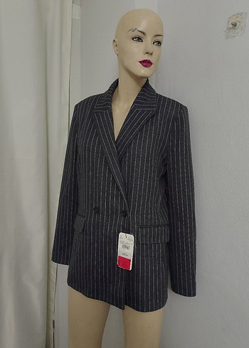 Düğmeli Gri Çizgili Kadın Blazer Ceket - Görsel 5