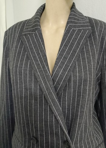 Düğmeli Gri Çizgili Kadın Blazer Ceket - Görsel 8