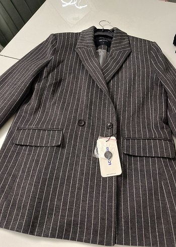 Düğmeli Gri Çizgili Kadın Blazer Ceket - Görsel 13