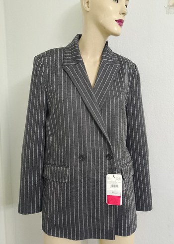 Düğmeli Gri Çizgili Kadın Blazer Ceket - Görsel 2