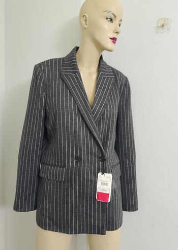 Düğmeli Gri Çizgili Kadın Blazer Ceket - Görsel 10