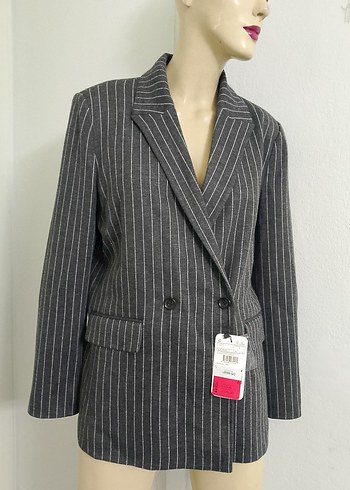 Düğmeli Gri Çizgili Kadın Blazer Ceket - Görsel 9