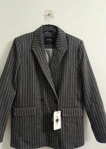 Düğmeli Gri Çizgili Kadın Blazer Ceket - Görsel 12