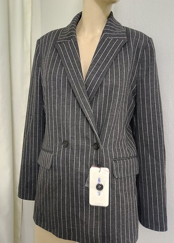 Düğmeli Gri Çizgili Kadın Blazer Ceket - Görsel 6