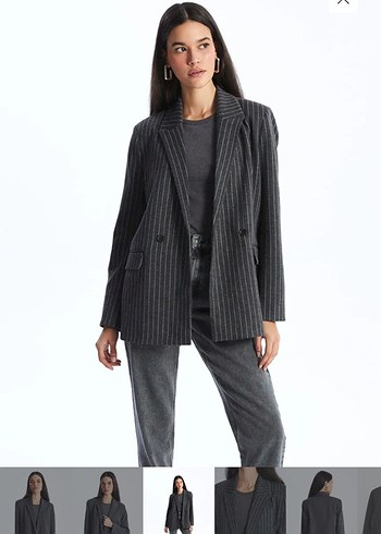 Düğmeli Gri Çizgili Kadın Blazer Ceket - Görsel 20