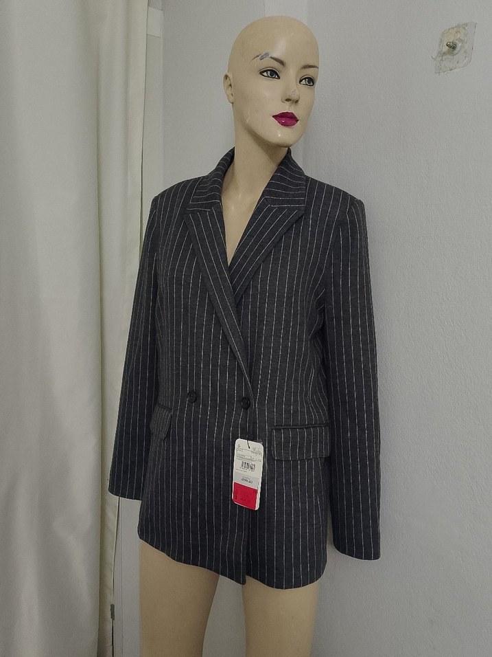 Düğmeli Gri Çizgili Kadın Blazer Ceket - Görsel 5