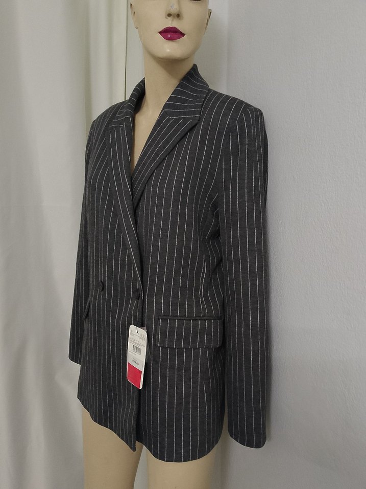 Düğmeli Gri Çizgili Kadın Blazer Ceket - Görsel 4