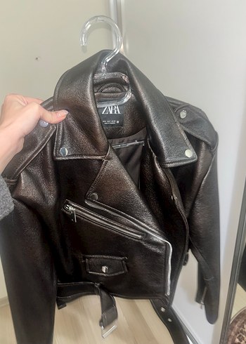 Kadın kahve Kemerli Kısa Deri Biker Ceket simli - Görsel 2