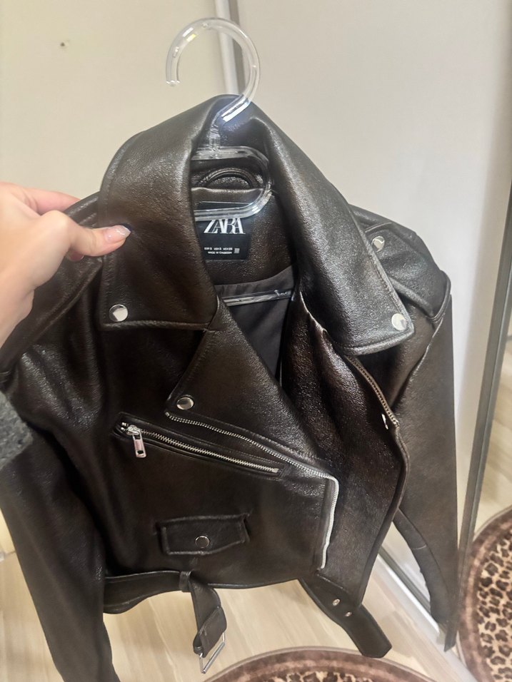 Kadın kahve Kemerli Kısa Deri Biker Ceket simli - Görsel 4