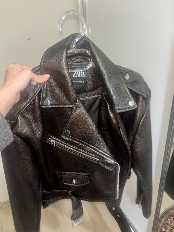 Kadın kahve Kemerli Kısa Deri Biker Ceket simli - Görsel 2