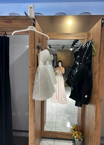 Straplez İşlemeli Bej Uzun Abiye - Görsel 3