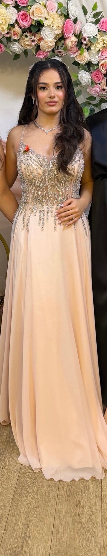 Straplez İşlemeli Bej Uzun Abiye - Görsel 2