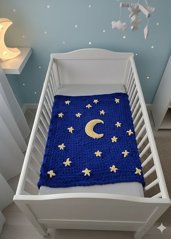 Nakışlı Mavi Örgü Çocuk Battaniyesi - Görsel 2