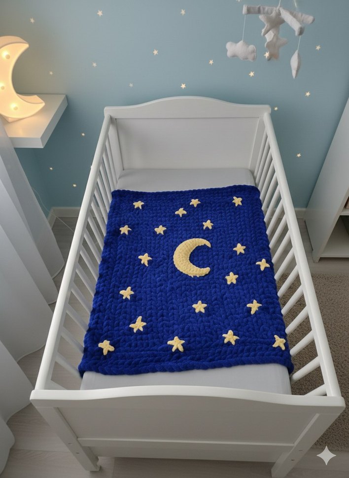 Nakışlı Mavi Örgü Çocuk Battaniyesi - Görsel 2