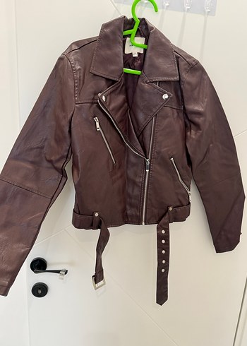 Patlıcan moru Kemerli Deri Biker Ceket