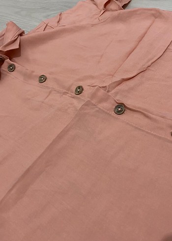 Bej Keten Düğmeli Kısa Kollu Gömlek - Görsel 4