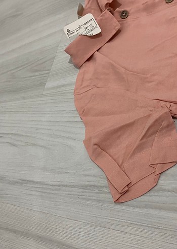 Bej Keten Düğmeli Kısa Kollu Gömlek - Görsel 3