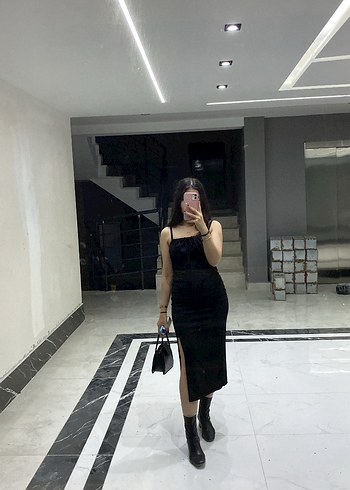 Siyah Deri Strappy Midi Goth Elbise