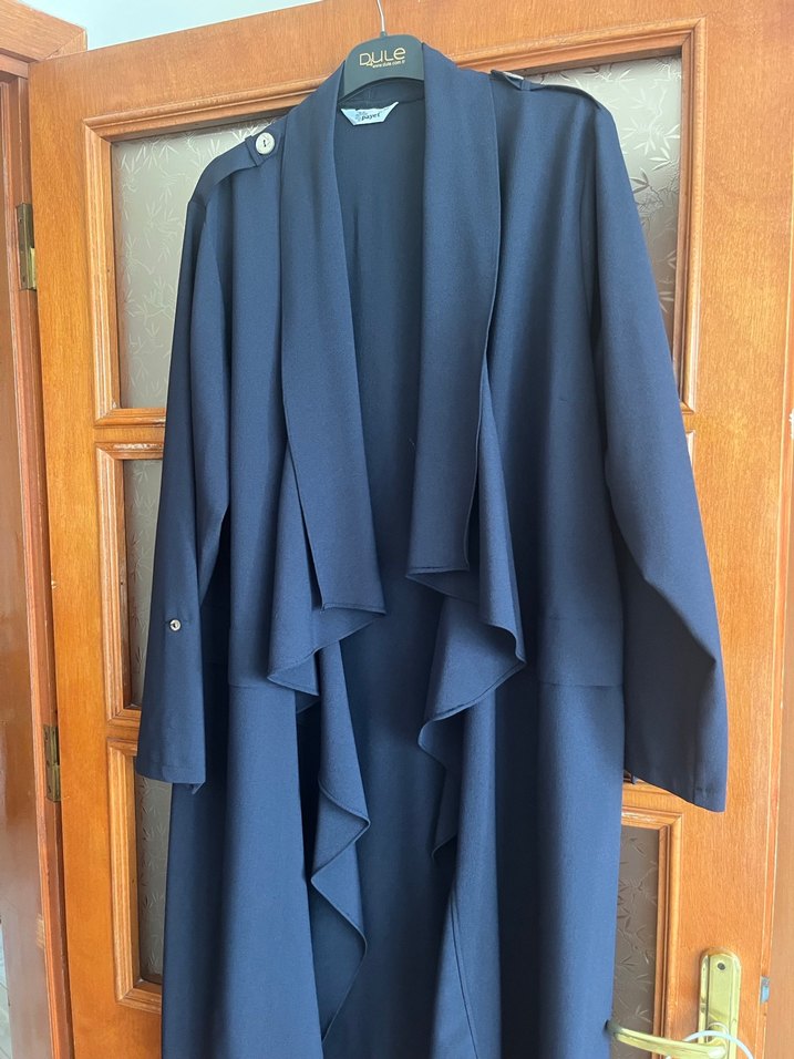 Mavi Drapeli Uzun Kadın Klasik Palto - Görsel 5