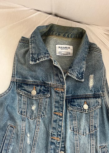 Düğmeli Kolsuz Mavi Kot Ceket - Görsel 6