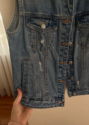 Düğmeli Kolsuz Mavi Kot Ceket - Görsel 3