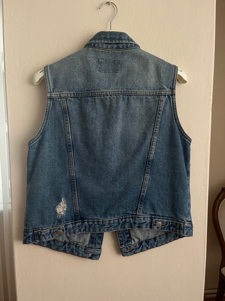 Düğmeli Kolsuz Mavi Kot Ceket - Görsel 4