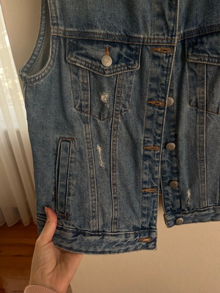 Düğmeli Kolsuz Mavi Kot Ceket - Görsel 3