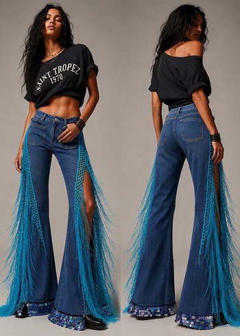Mango Turkuaz Puskullu Denim Pantolon