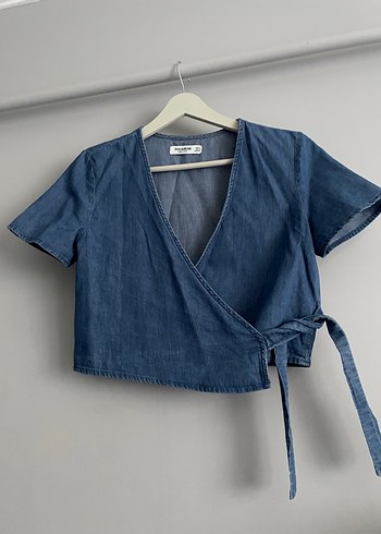 Kemerli V Yakalı Kısa Kollu Jean Bluz